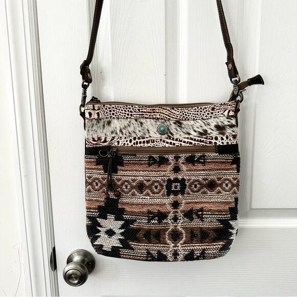 Myra Junoesque Brown Taupe Cream Mixed Media Stitched Crossbody Messenger Bag - Picture 3 of 11